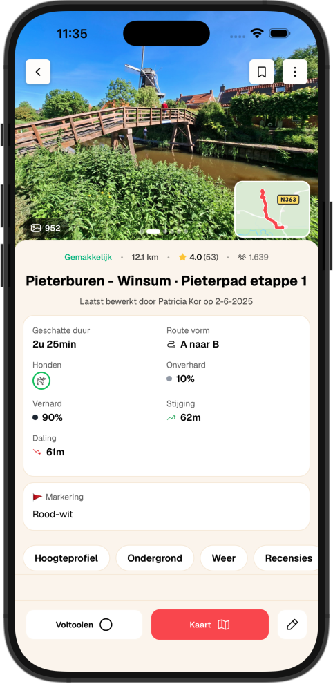 Routedetails met etappes in de app