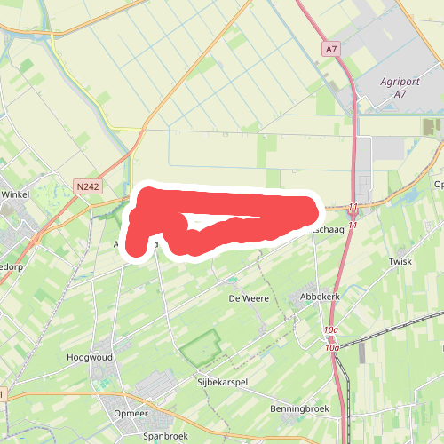 Kolk van Dussenpad (rood) vanaf startpunt Aartswoud