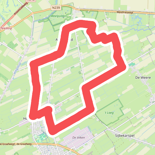 Opmeerder Wuivertocht (geel) vanaf startpunt Aartswoud