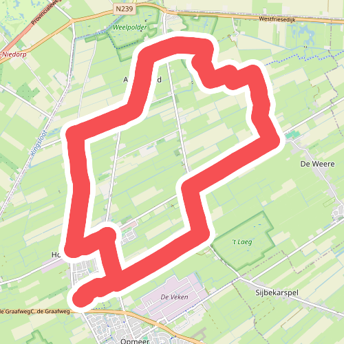 Opmeerder Wuivertocht (geel) vanaf startpunt De Weijver