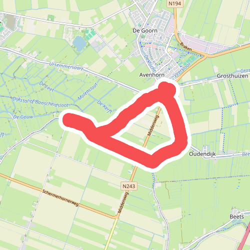 Uilenhoekroute (rood) vanaf startpunt Avenhorn - De Goorn