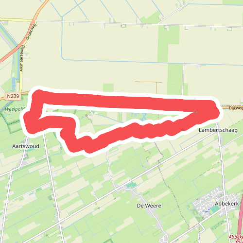 Kolk van Dussenpad (rood) vanaf startpunt Lambertschaag