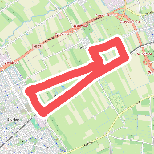 Oosterblokkerroute (rood) vanaf startpunt Molen de Krijgsman