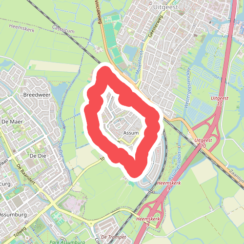 Paarse route vanaf startpunt Uitgeest Station