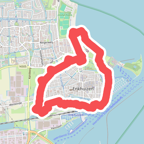 Rondje Zuiderzeemuseum (geel) vanaf startpunt Enkhuizerzand