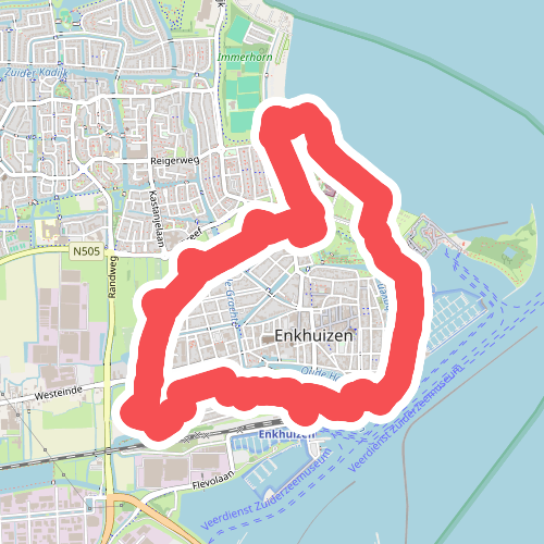 Rondje Zuiderzeemuseum (geel) vanaf startpunt Station Enkhuizen